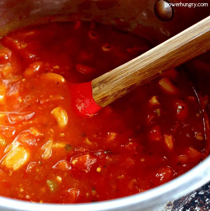 Chickpea pasta e fagioli soup that is vegan, grain-free, and high in protein