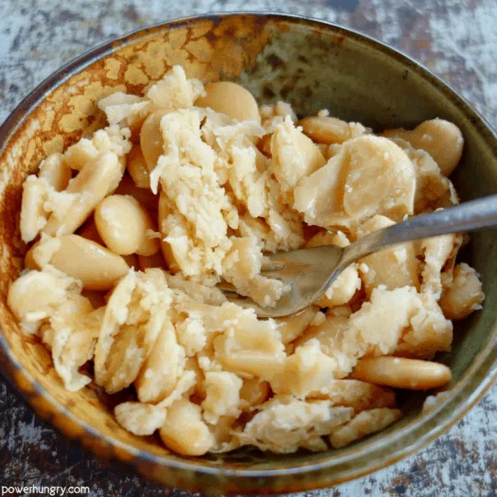 Mashed beans for chickpea pasta e fagioli soup that is vegan, grain-free, and high in protein