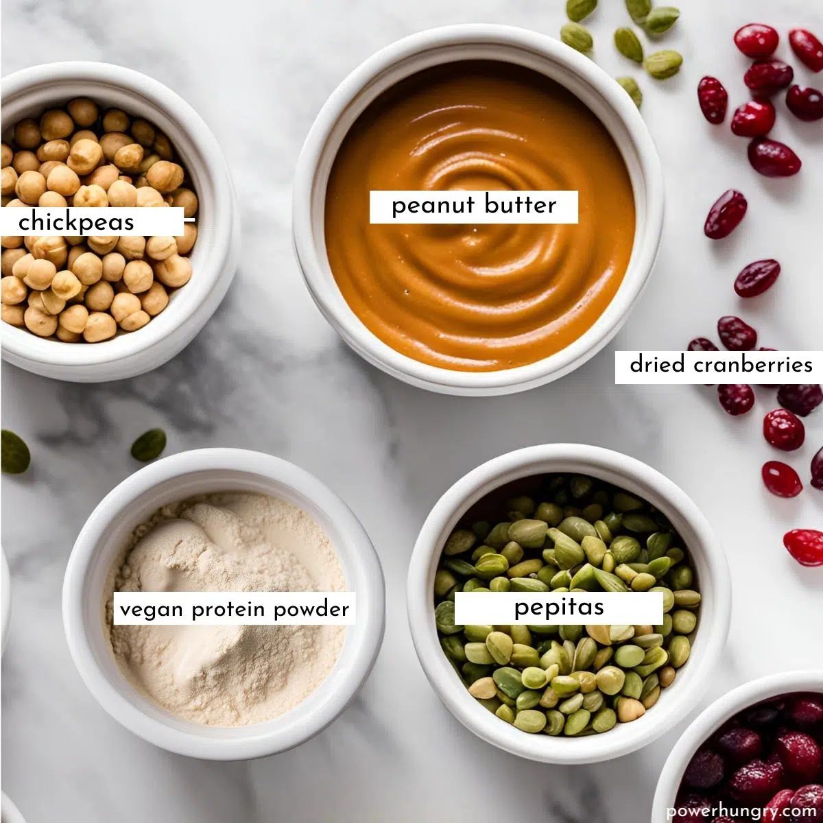 i=overhead shot of ramekins filled with ingredients for chickpea protein bars