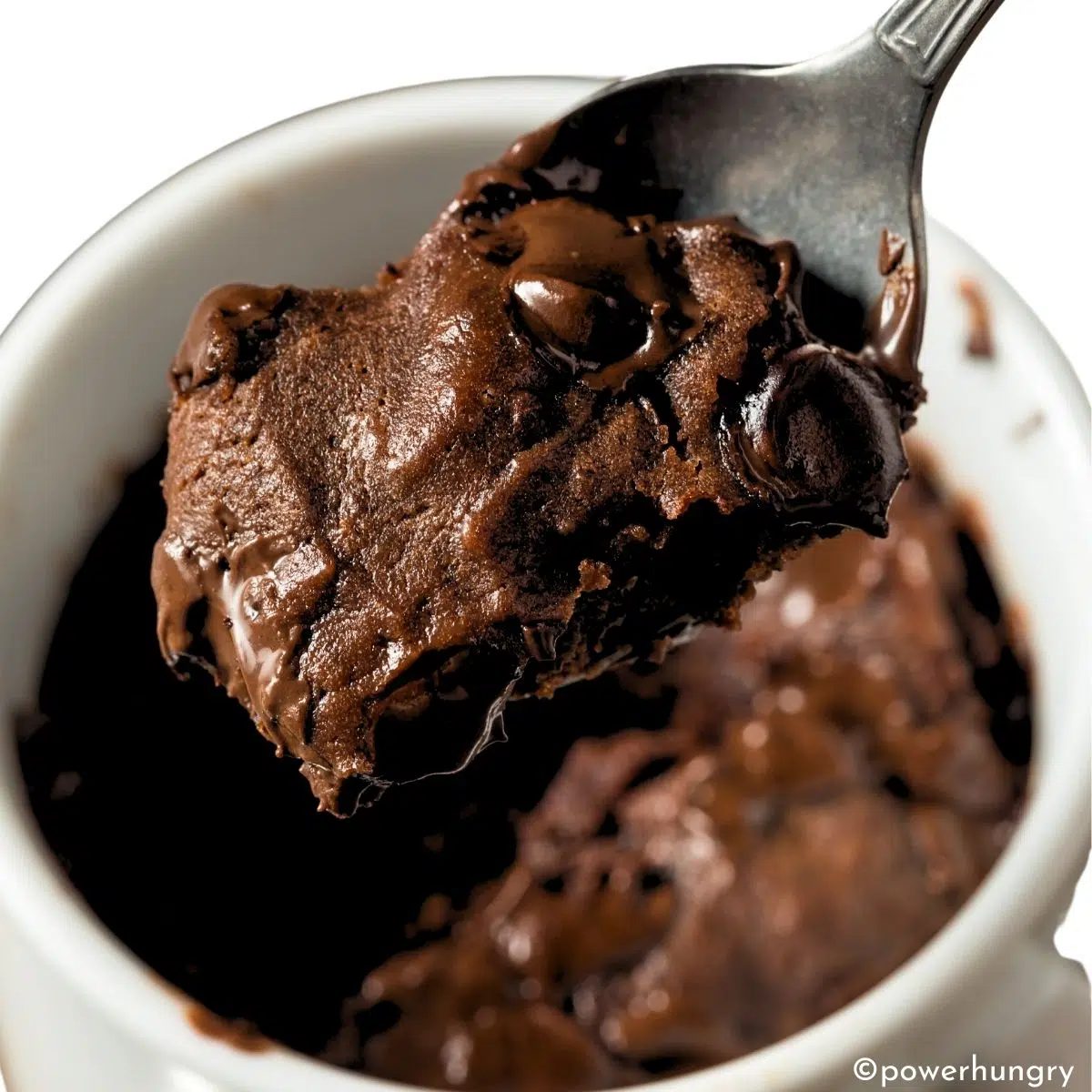 close-up of a spoonful of vegan almond flour chocolate mug cake