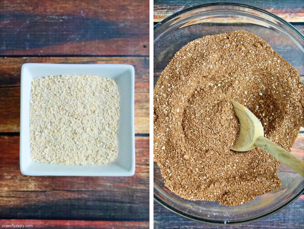 2 photo collage showing how to make the batter for double chocolate muffins