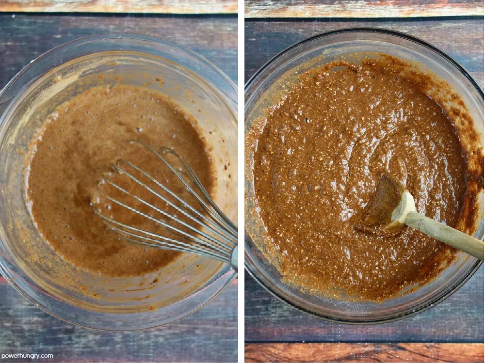 2 photo collage showing how to make the batter for double chocolate muffins
