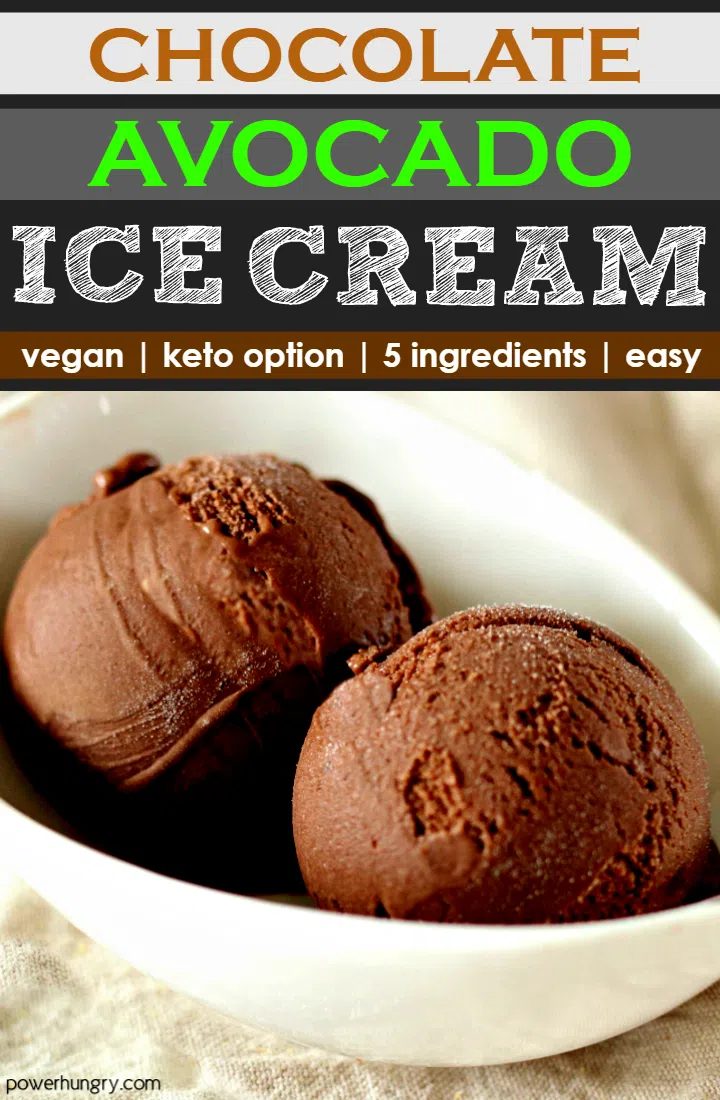 a white dish filled with two rounded scoops of chocolate avocado ice cream