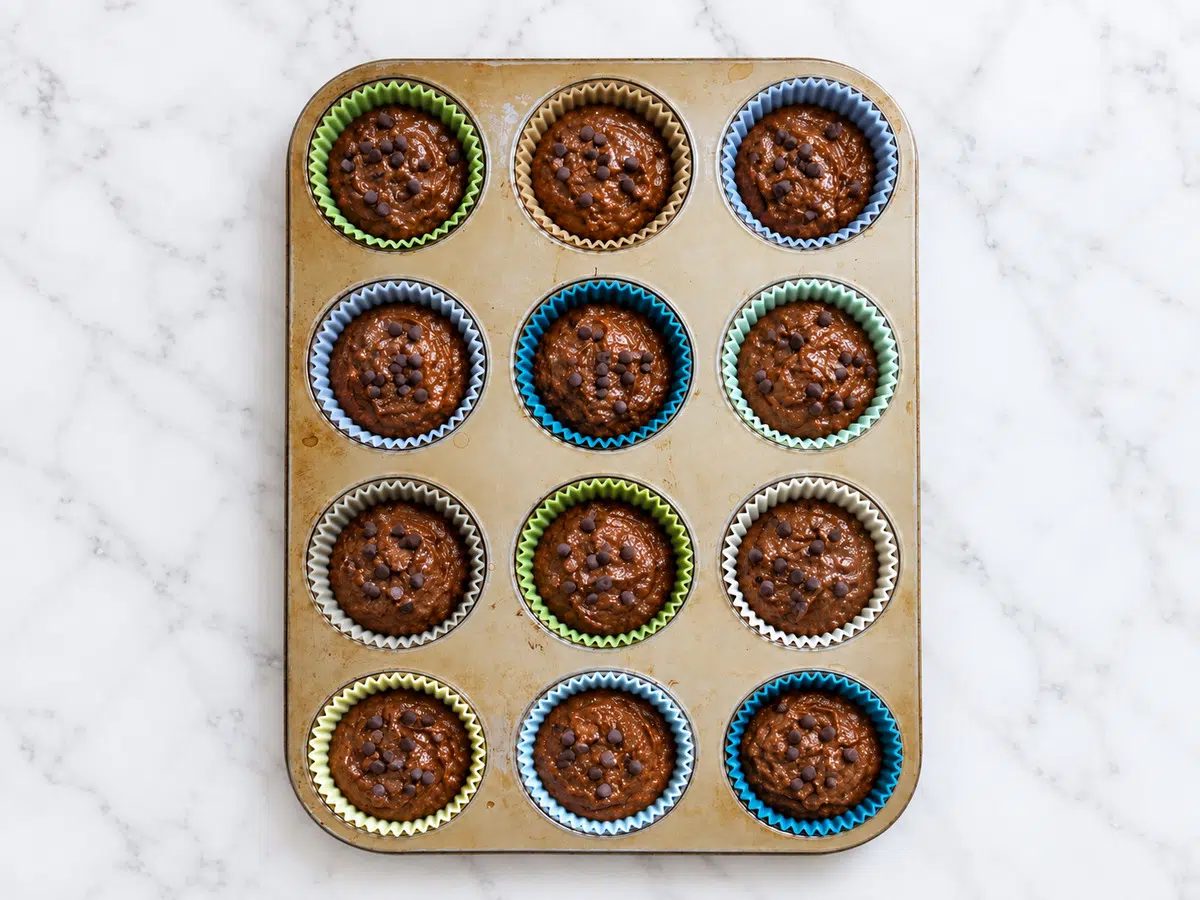 batter filled muffin cups for vegan chocolate buckwheat muffins