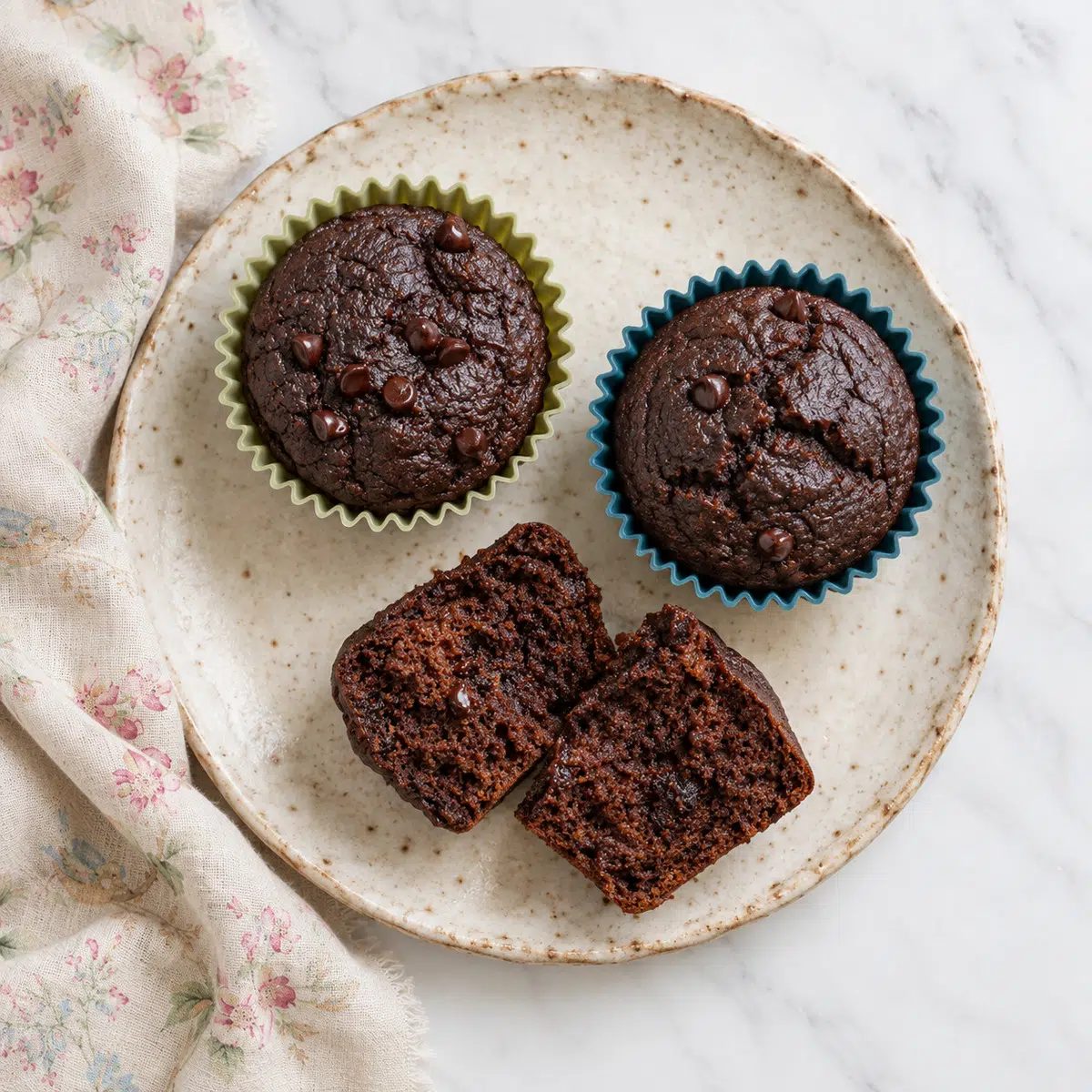three vegan chocolate buckwheat muffins on a stoneware plate, with one cut open