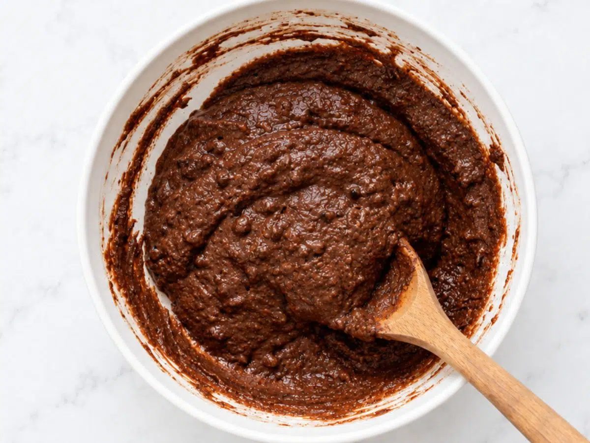 vegan chocolate buckwheat muffins batter in white bowl