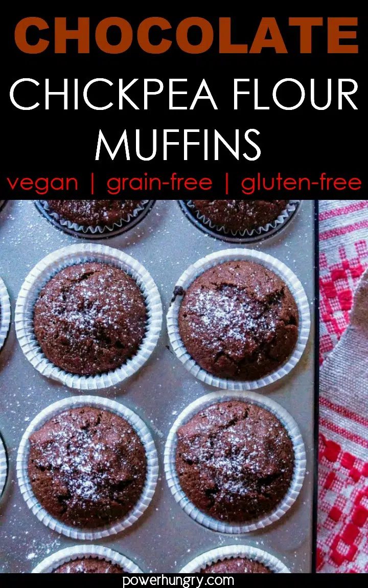 chocolate chickpea flour muffins in a metal tin