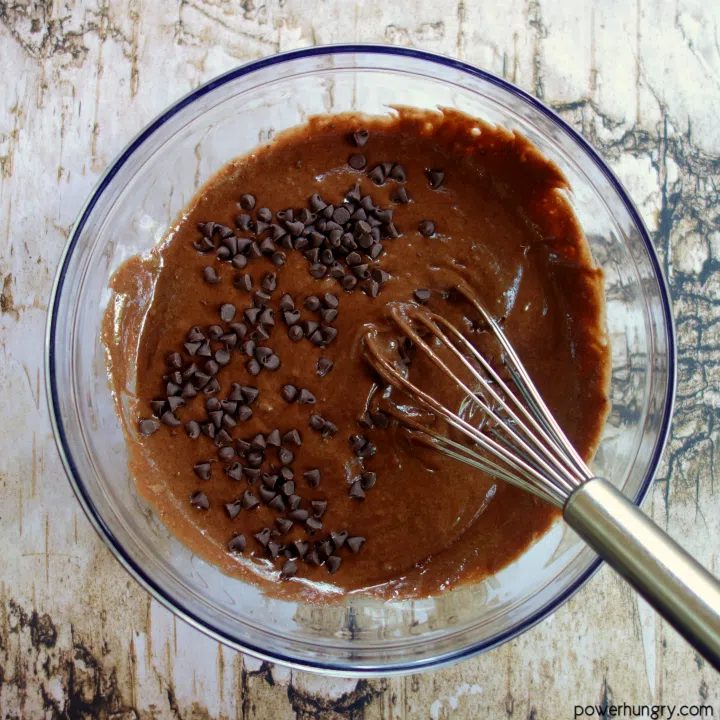 bowl of batter for chocolate chickpea flour muffins