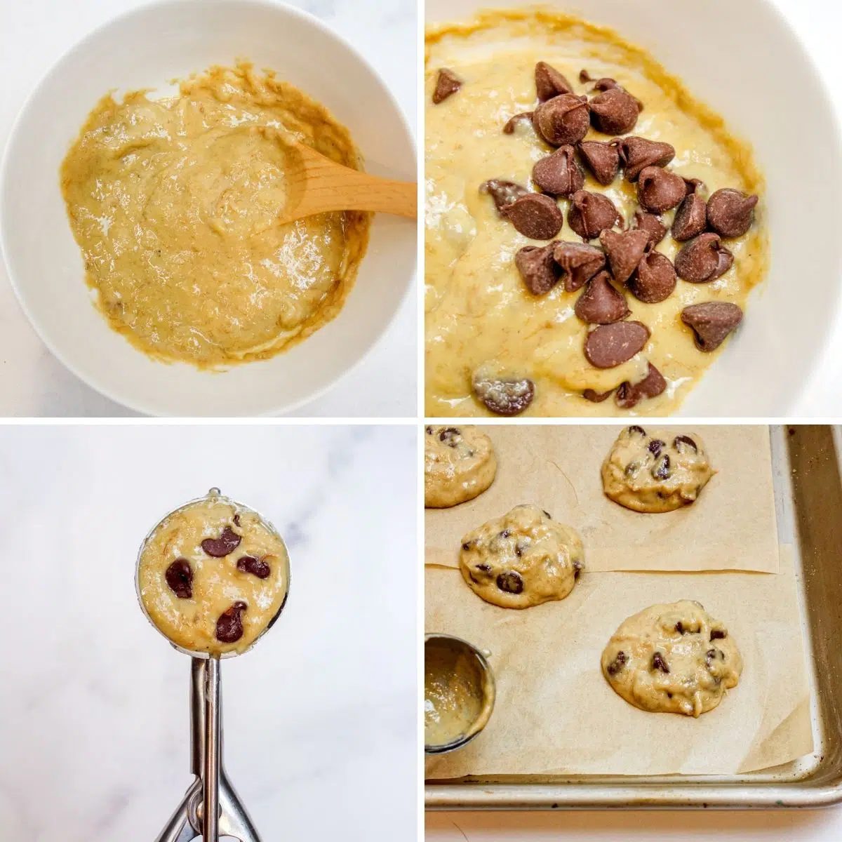 4 photo collage showing the making of banana bread chocolate chip cookie dough
