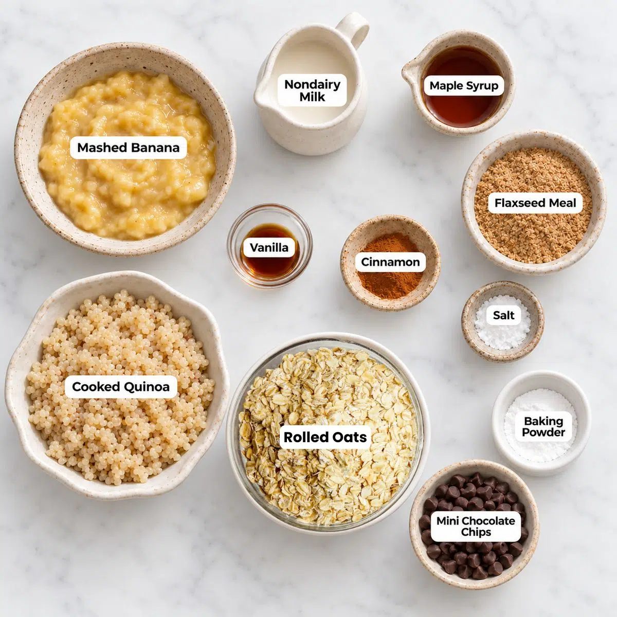 overhead shot of ingredients for quinoa chocolate chip banana cookies