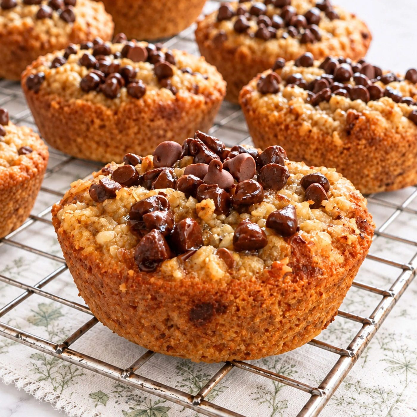 quinoa chocolate chip banana cookies closeup on a cooling rack