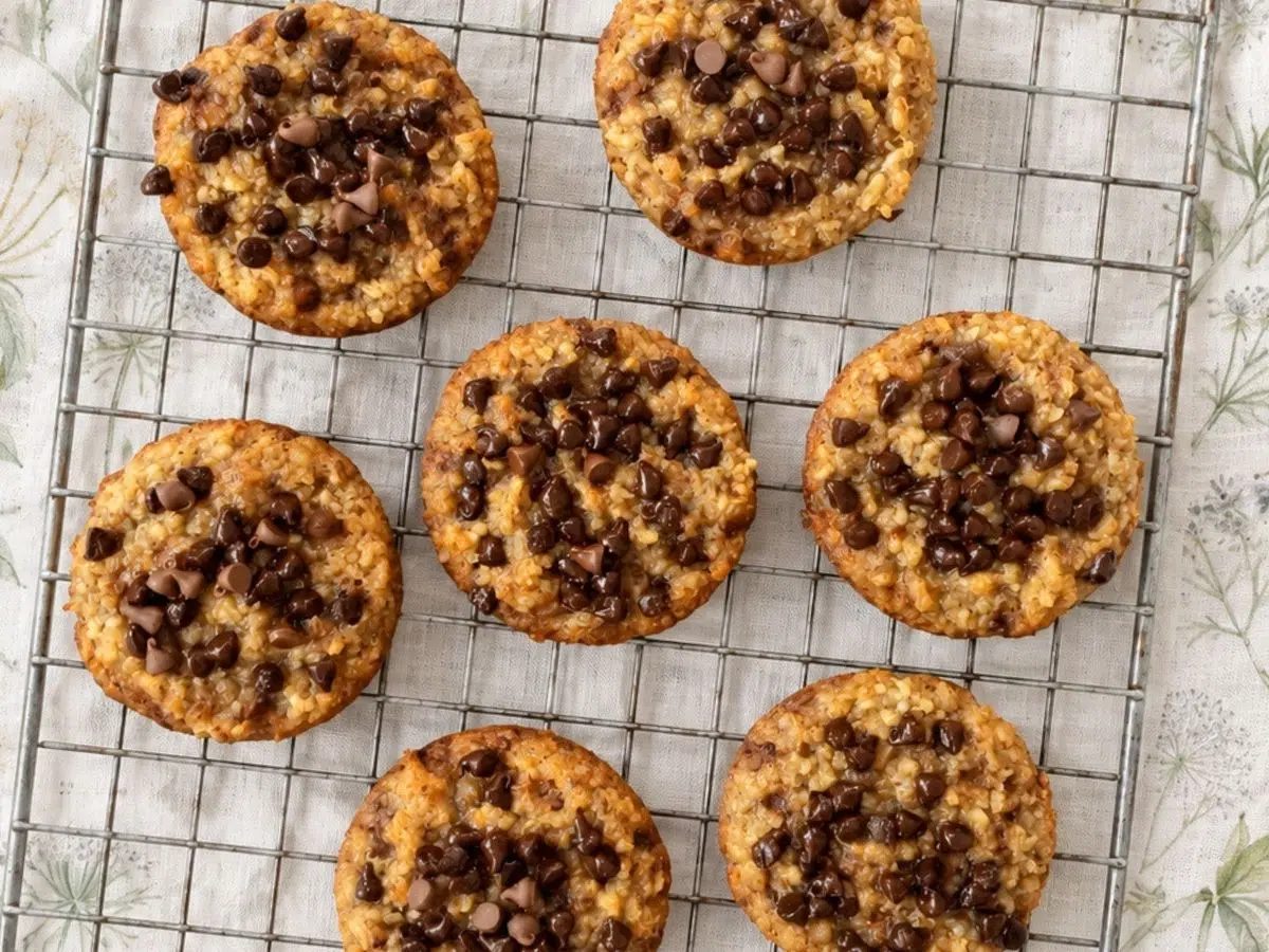 quinoa chocolate chip banana cookies on a cooling rack from overhead