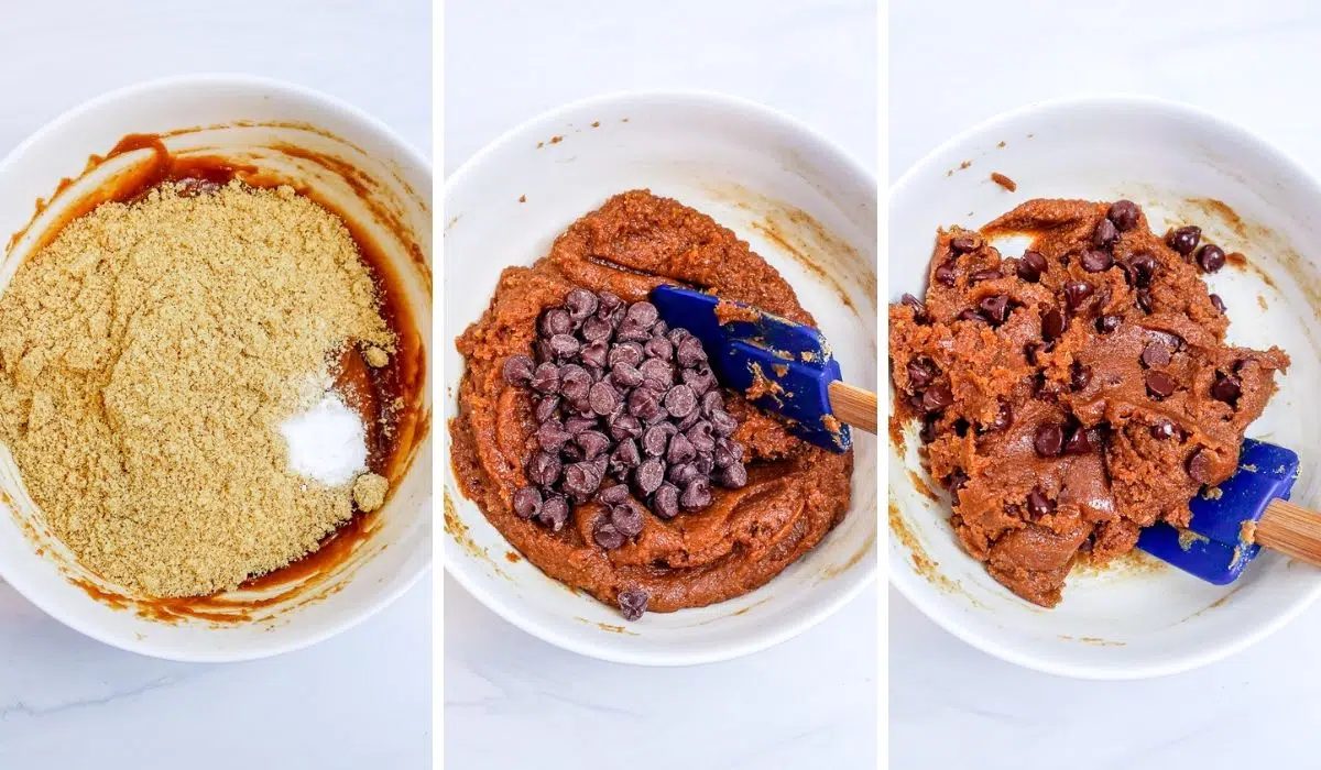 3 photo collage depicting the mixing of chocolate chip flax cookies