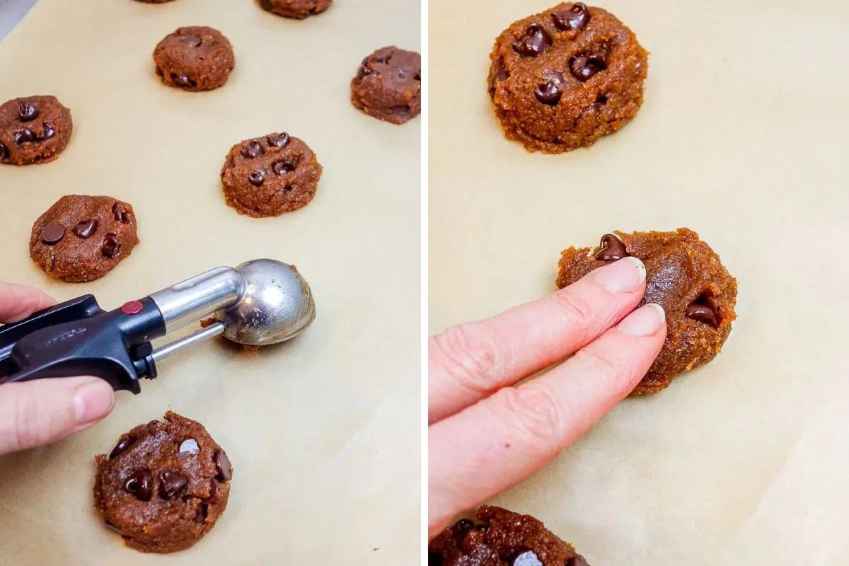 cookie dough on a parchment paper lined baking sheet
