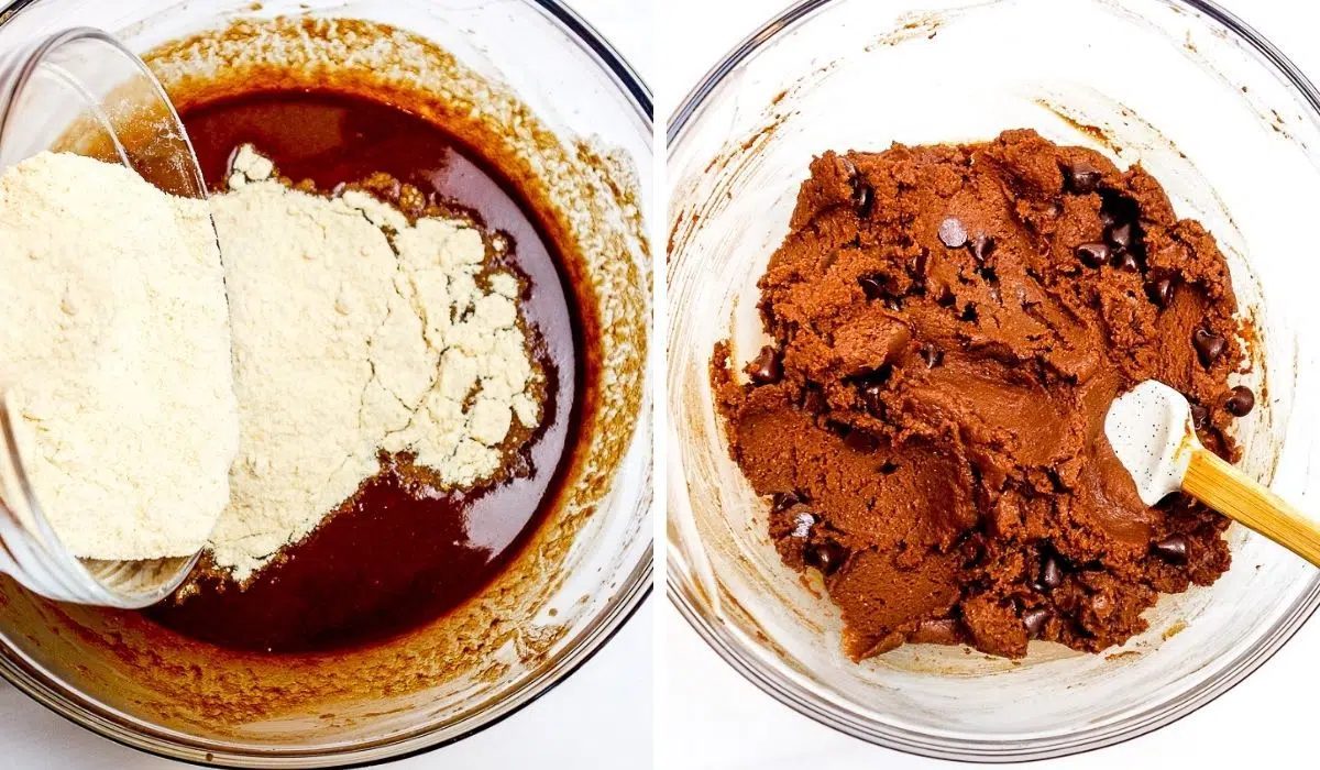 chickpea flour getting added to cookie dough in glass bowl