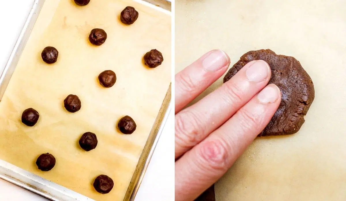 two photo collage showing the p[ortionining of the chickpea flour cookie dough