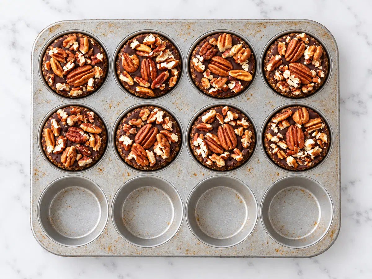 chocolate pecan protein bars in muffin tin