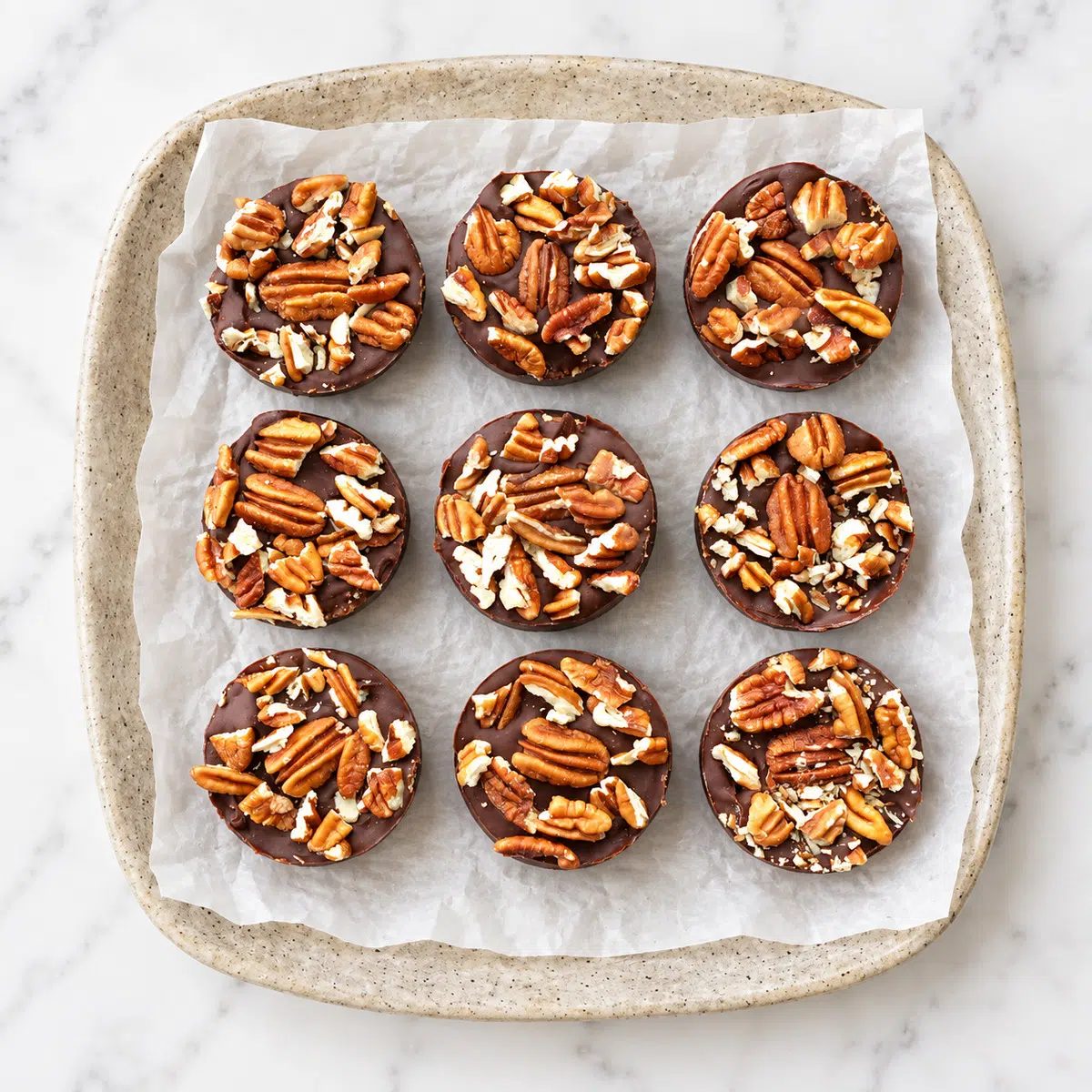 overhead image of vegan chocolate pecan pie bars