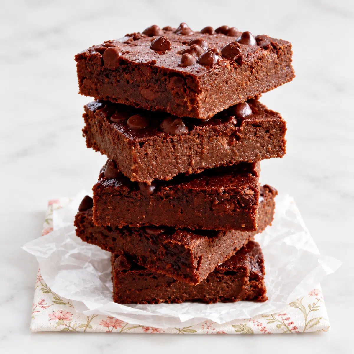 low calorie vegan brownies stacked on a linen napkins square