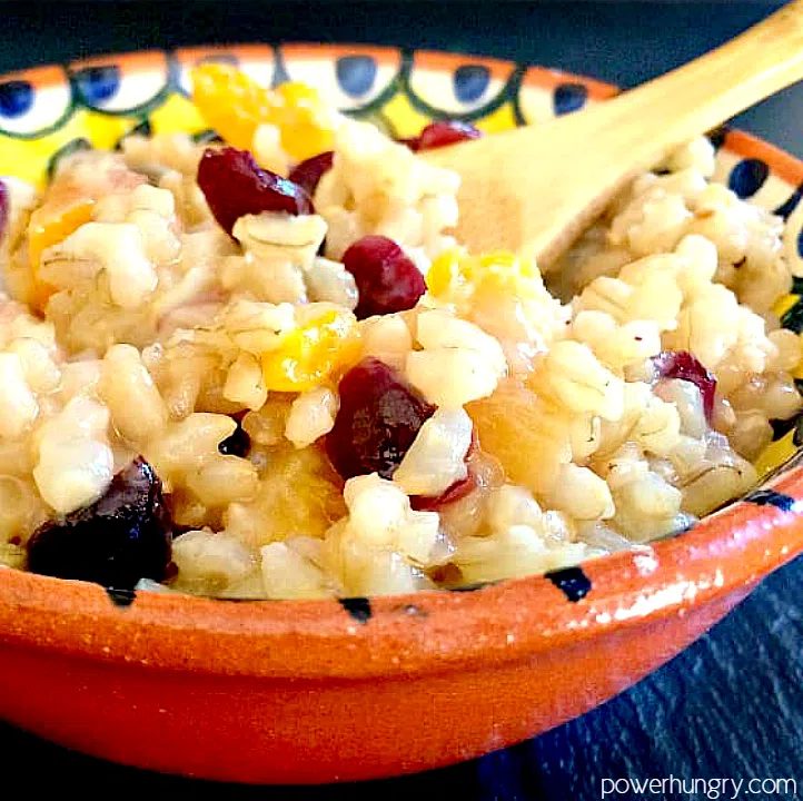 close up of a bowl of brown rice pudding studded with dried apricots and cranberries
