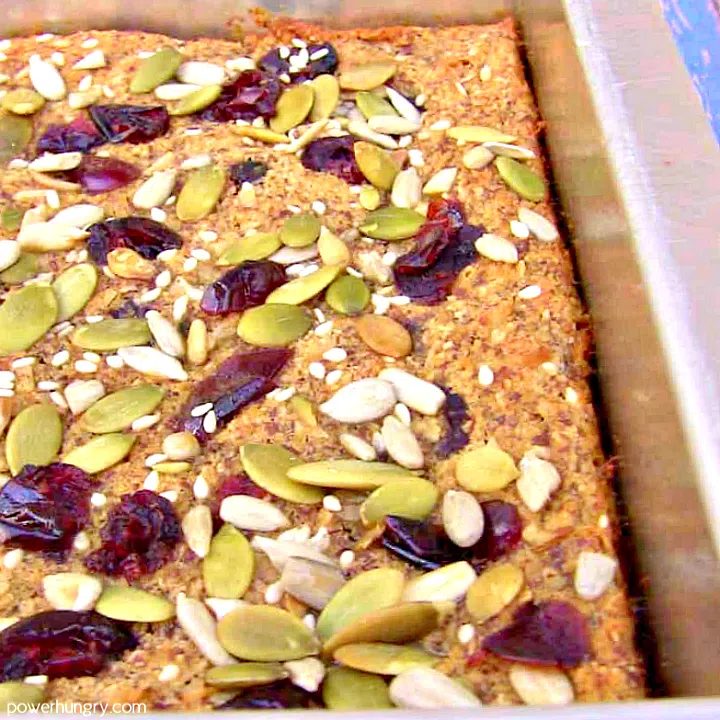 close-up of coconut flour baked porridge in a metal baking dish