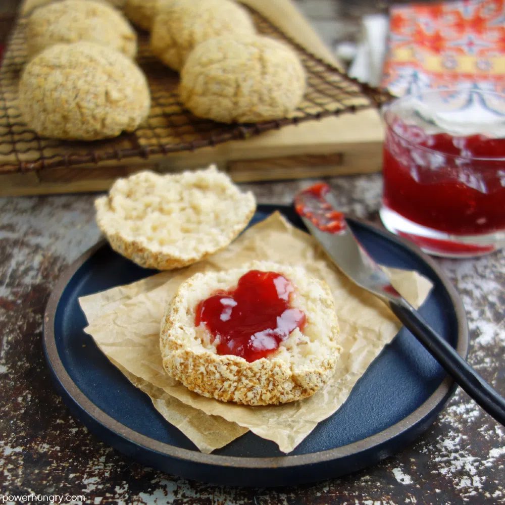 a split coconut flour roll topped with jam