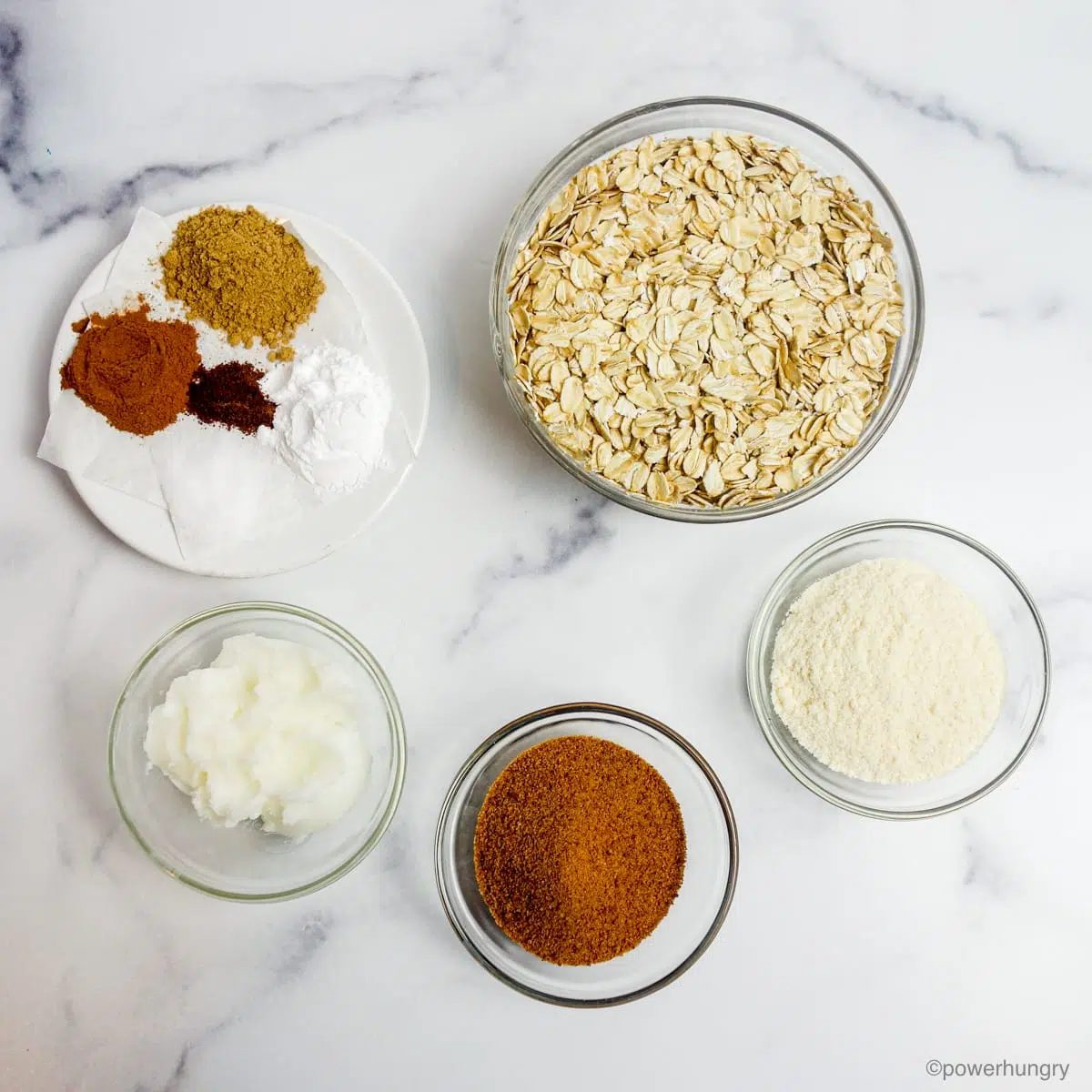 glass bowls of ingredients for gingerbread vegan scones