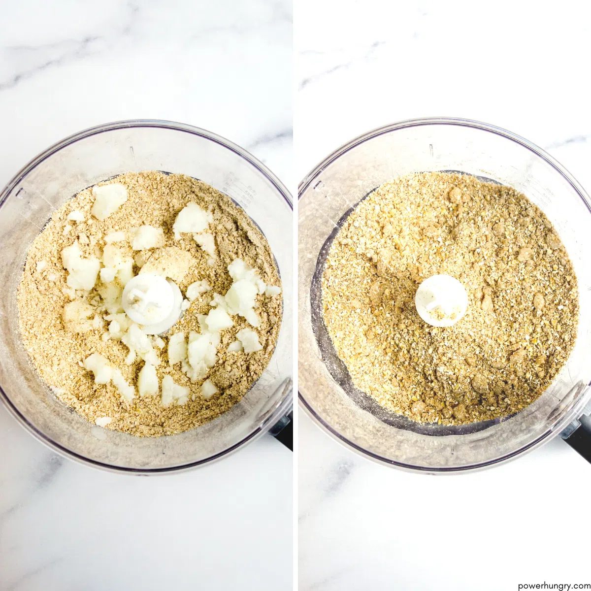 2 photo collage showing food processor with coconut flour scone mix
