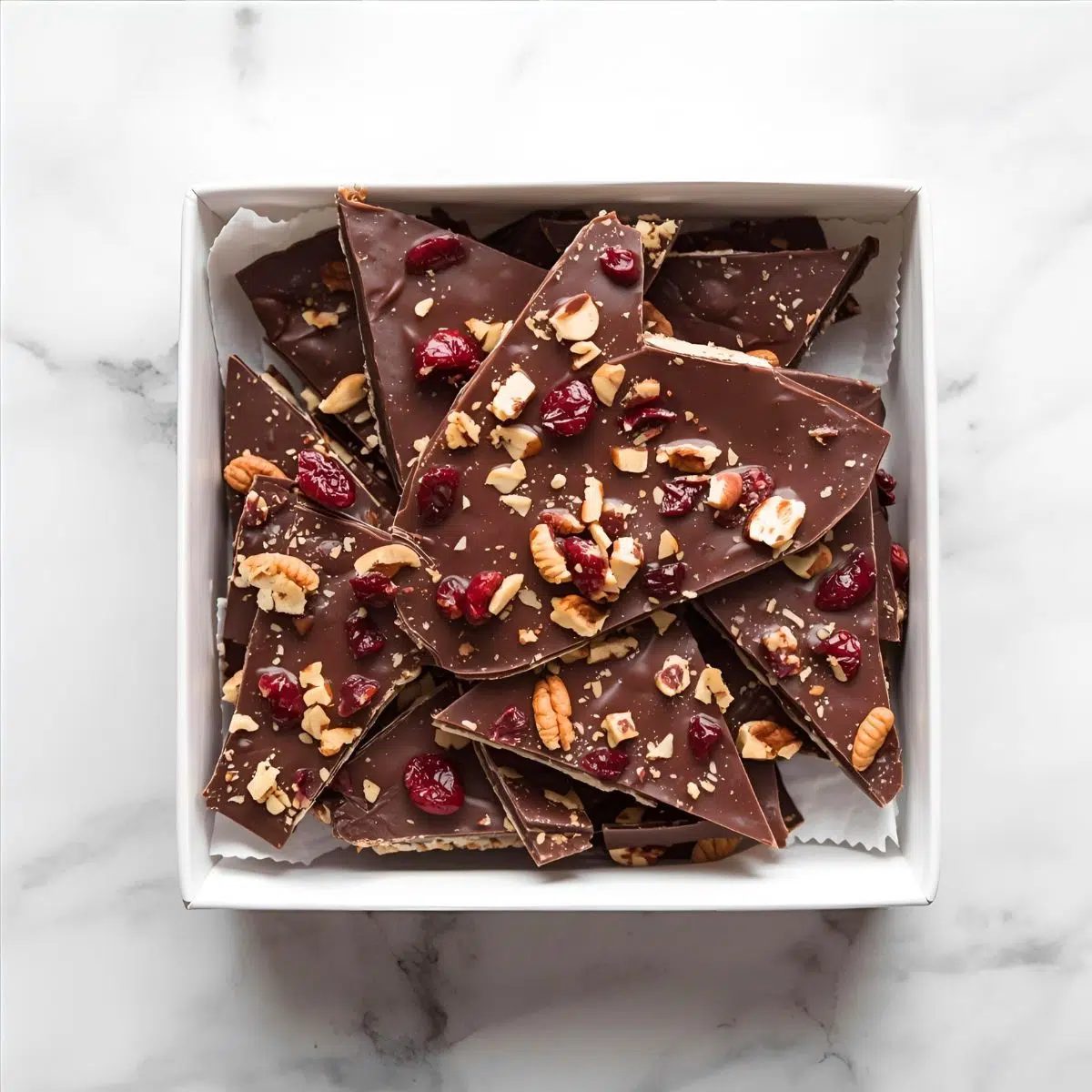 white box filled with chocolate bark
