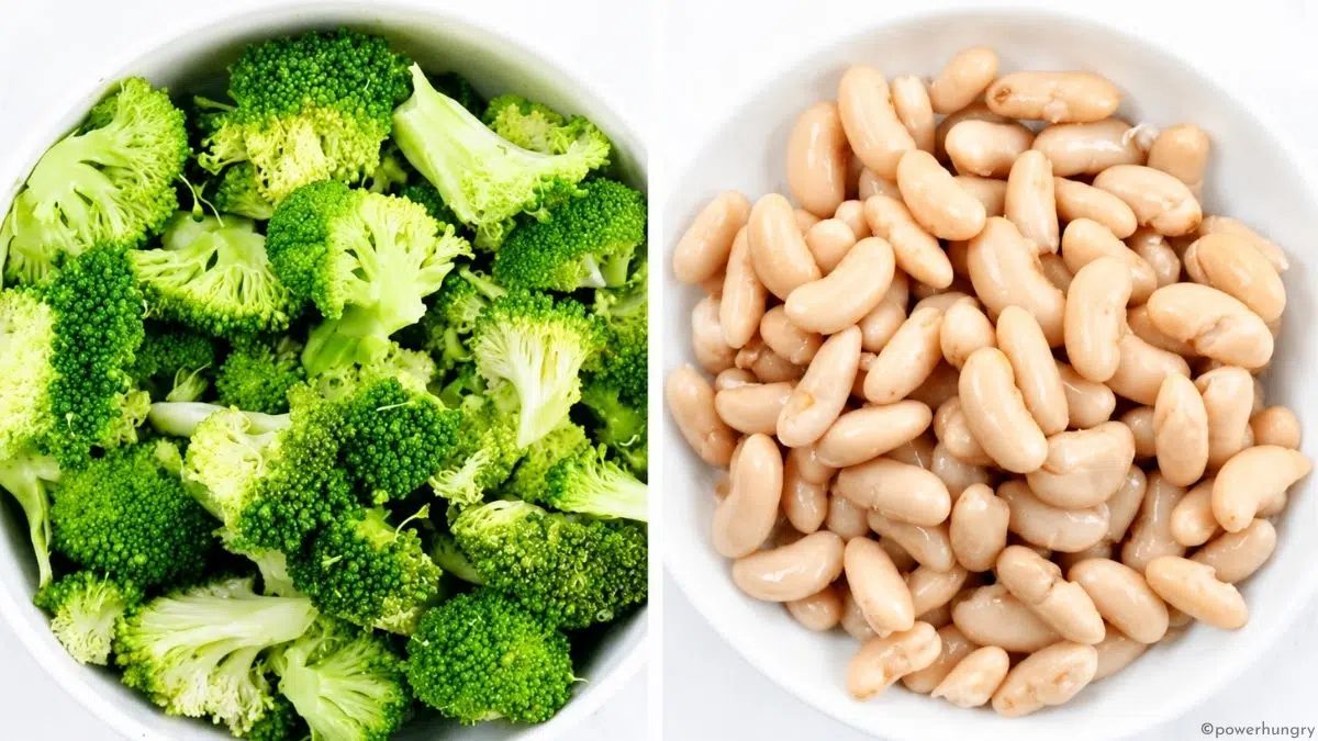 broccoli hummus ingredients in white bowls