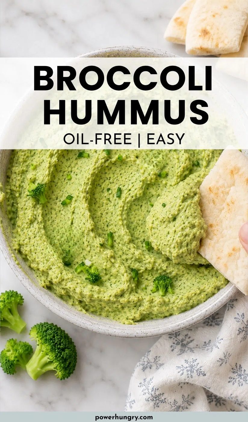 overhead shot of broccoli hummus with pita