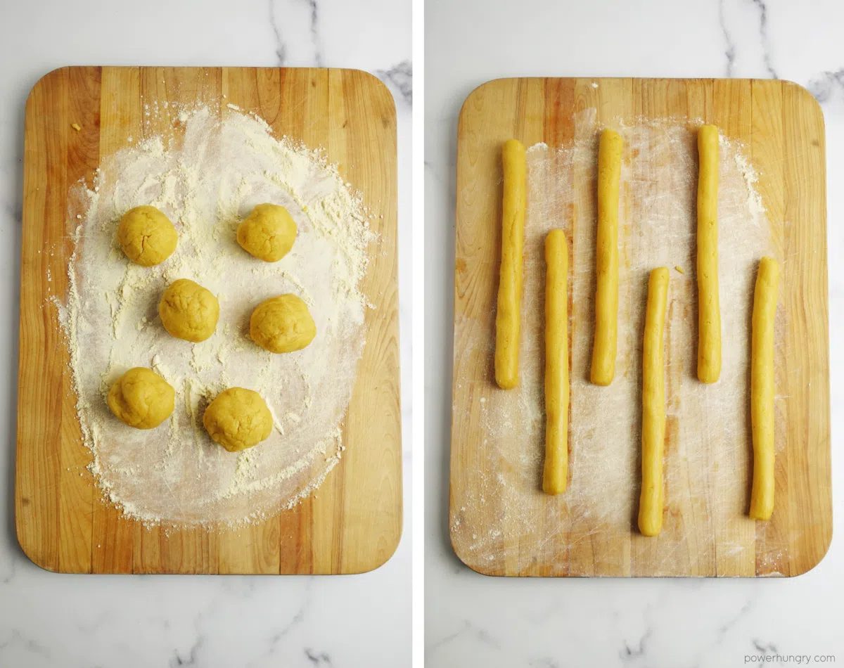 2 photo collage demonstrating the shaping of chickpea flour breadstick dough