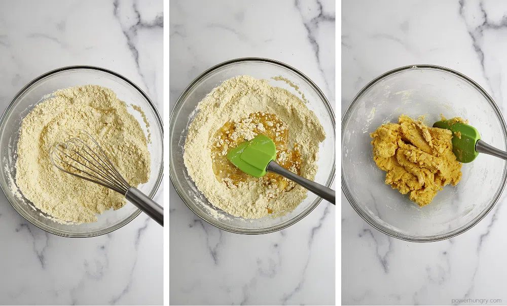 3photo collage of the steps to make chickpea flour breadstick dough