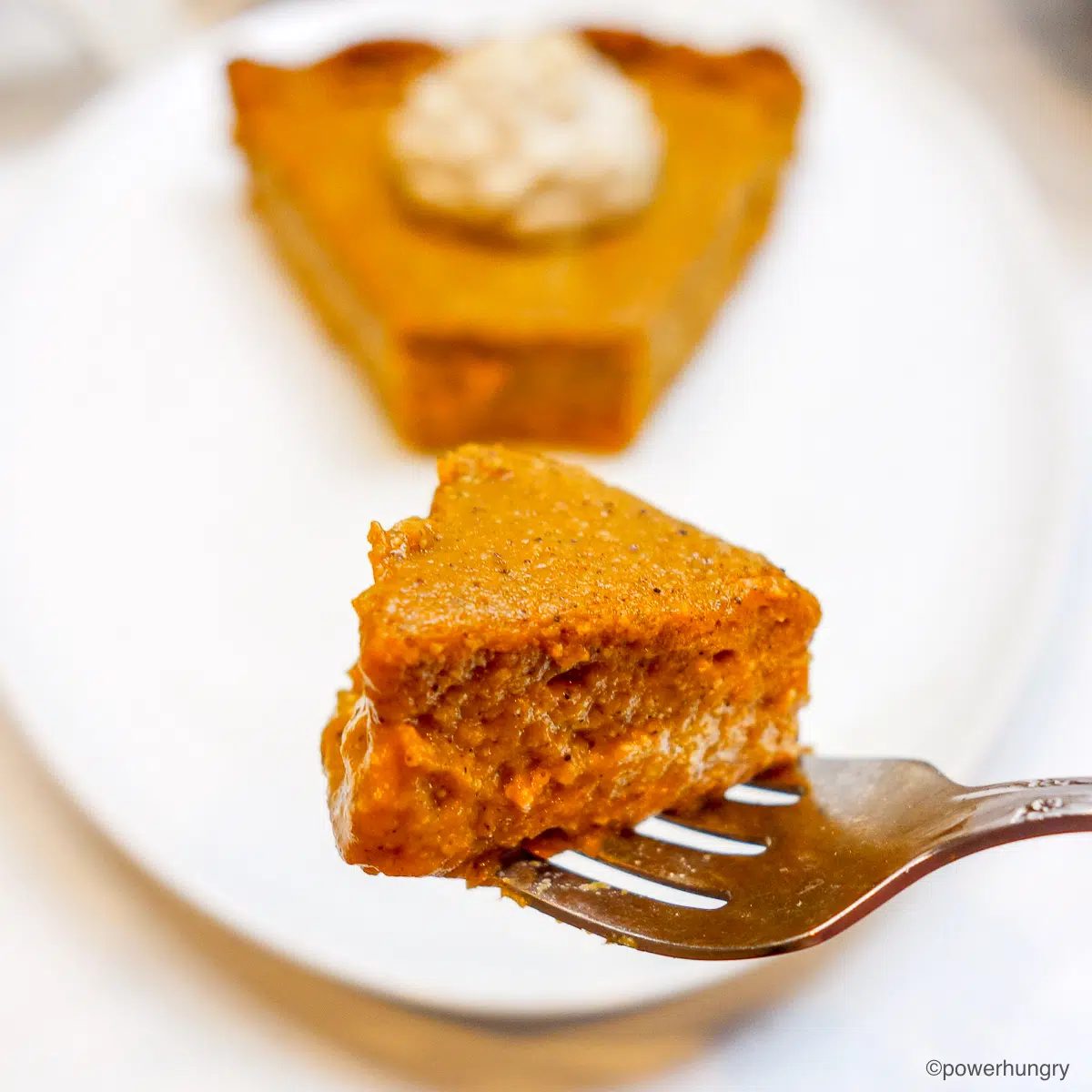 close up of a forkful of crustless pumpkin pie
