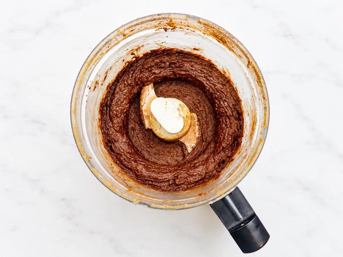 mixed brownie batter for date brownies in food processor