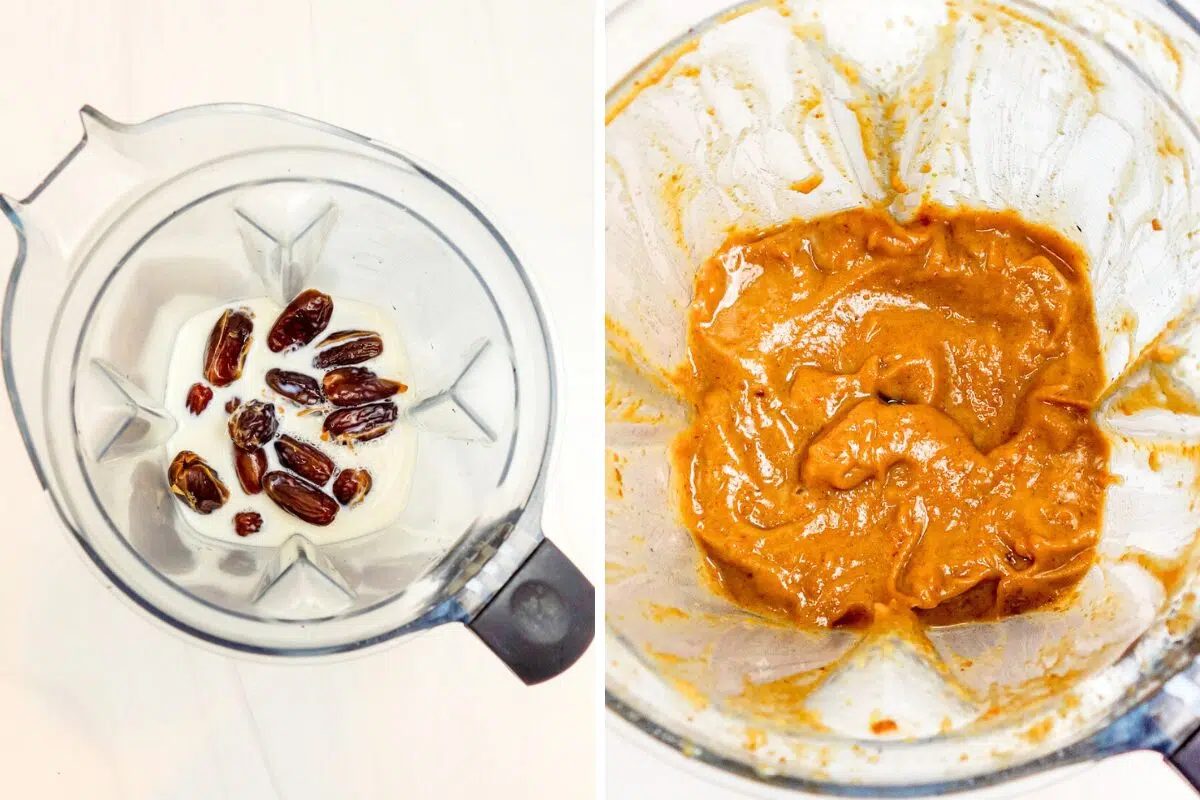 date caramel dip being made in a blender
