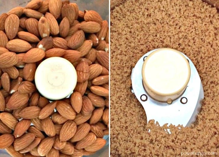 side by side photos of almonds going from whole to finely chopped in a food processor