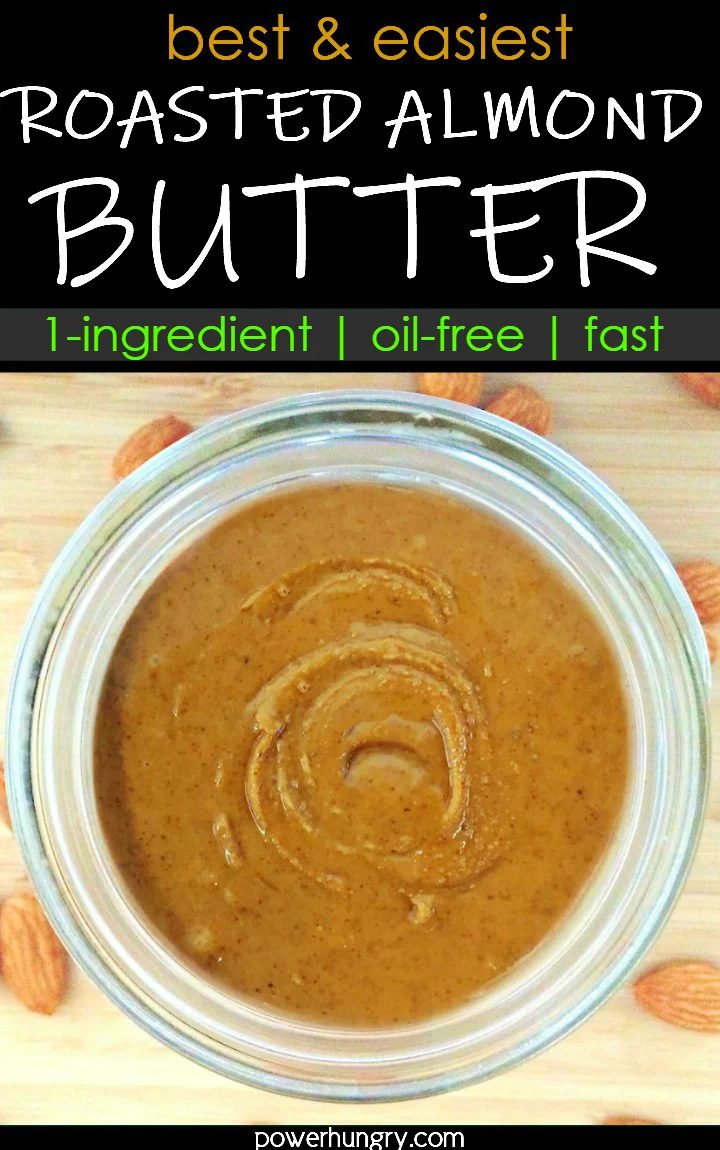 overhead shot of diy almond butter in a glass jar