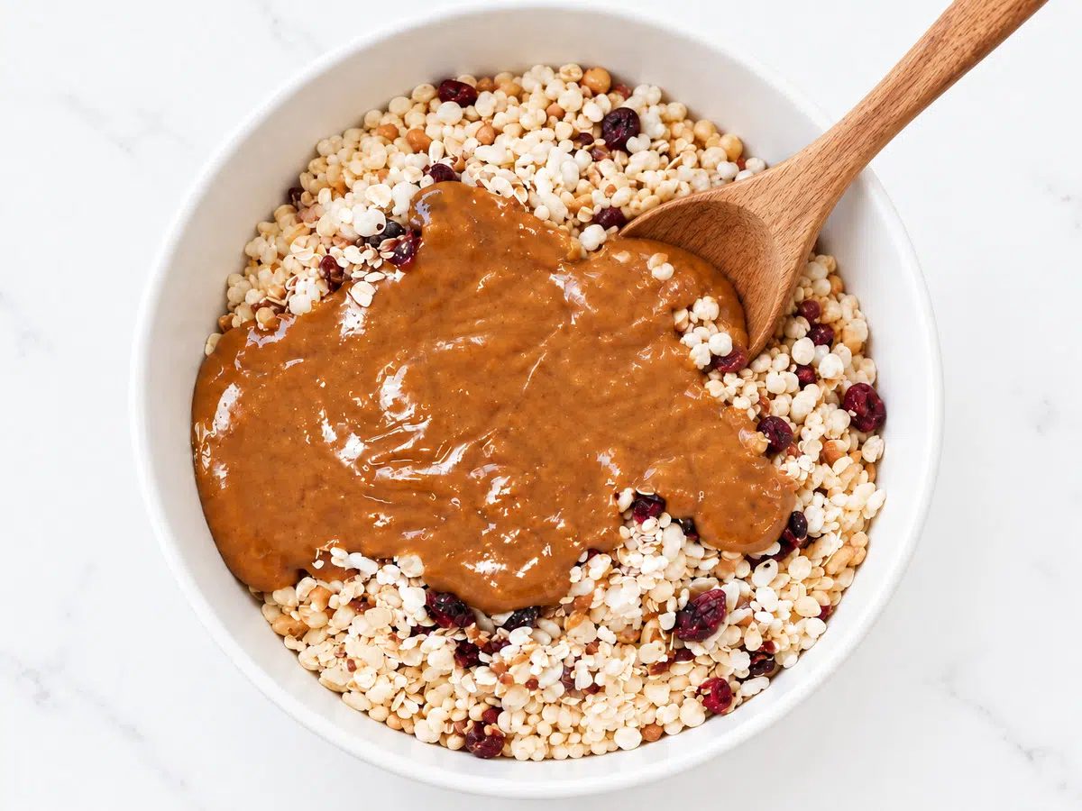 kitchen-made clif bars dry and wet ingredients in bowl