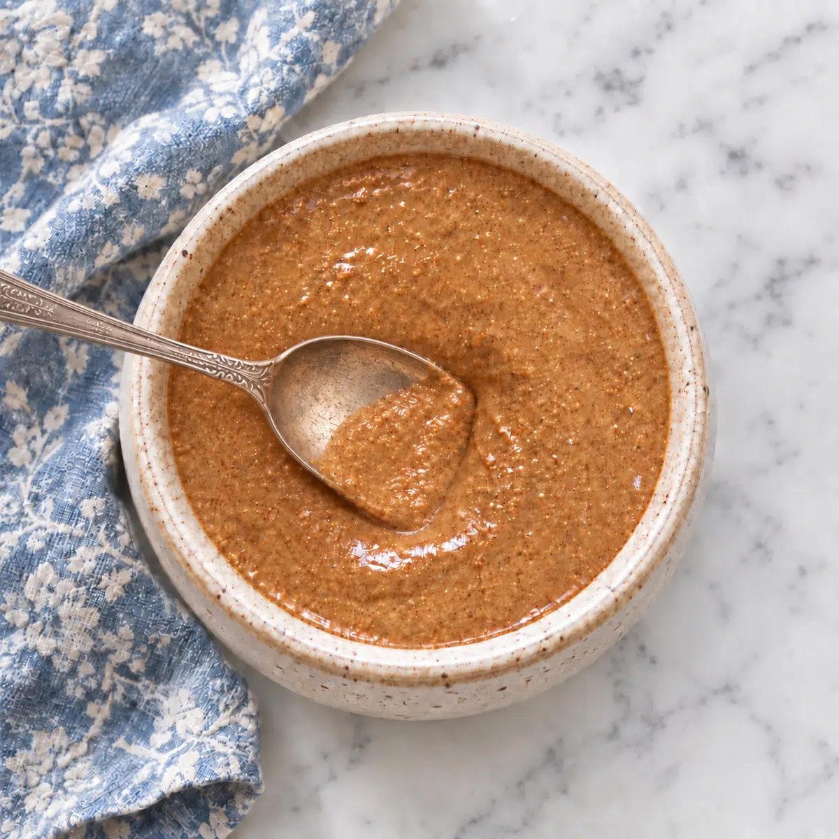 sunflower seed butter with an antique metal spoon dunked in