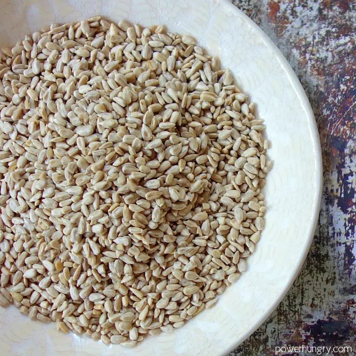 close up of a white bowl filled with raw sunflower seeds