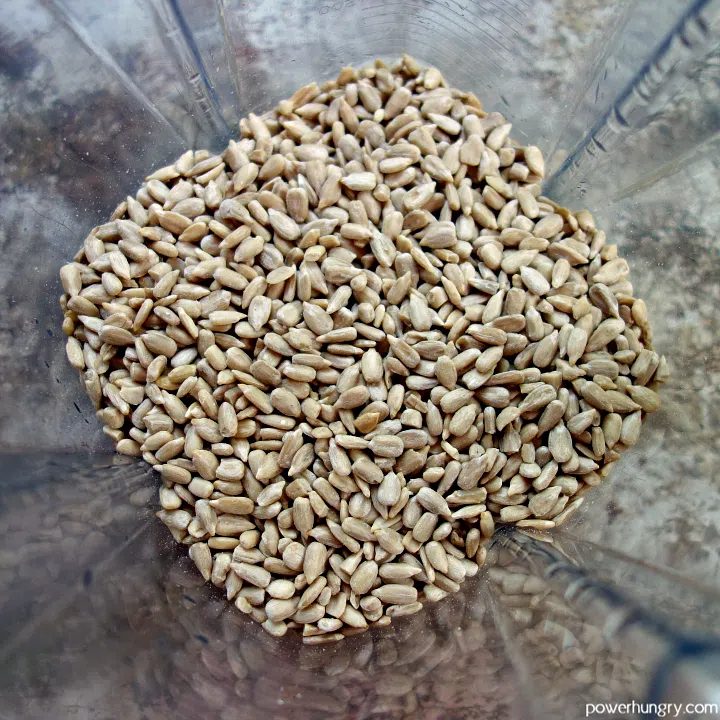blender container filled with raw sunflower seed kernels