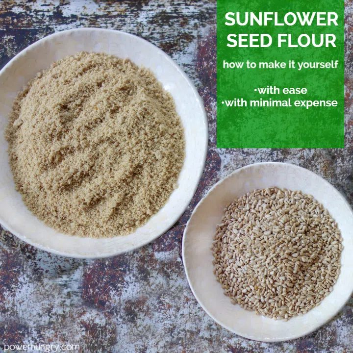 two white bowls one filled with raw sunflower seed kernels and the other filled with sunflower seed flour