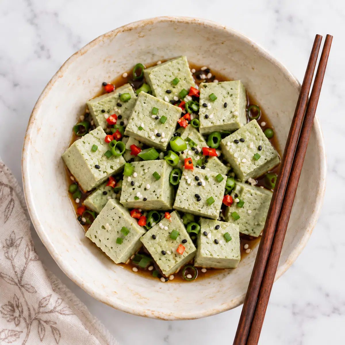 cold pumpkin seed tofu with soy, sesame seeds and green onions