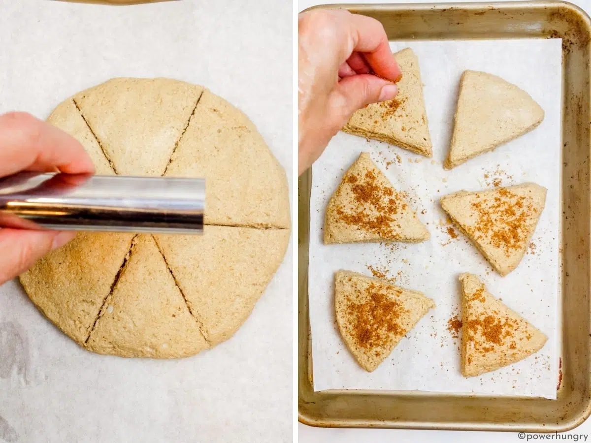 two photo collage of how to cut oat scones
