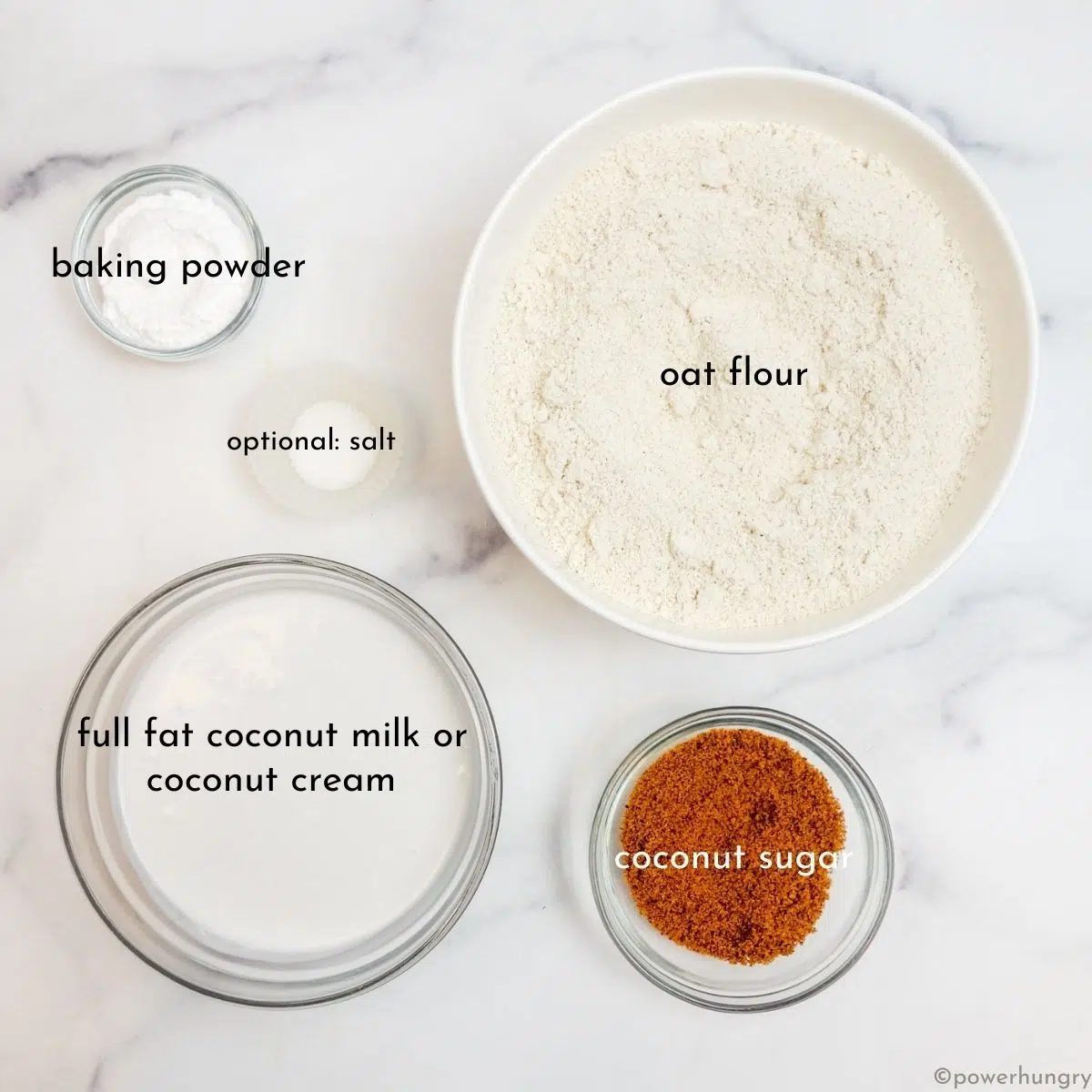 ingredients for oat scones in small glass bowls