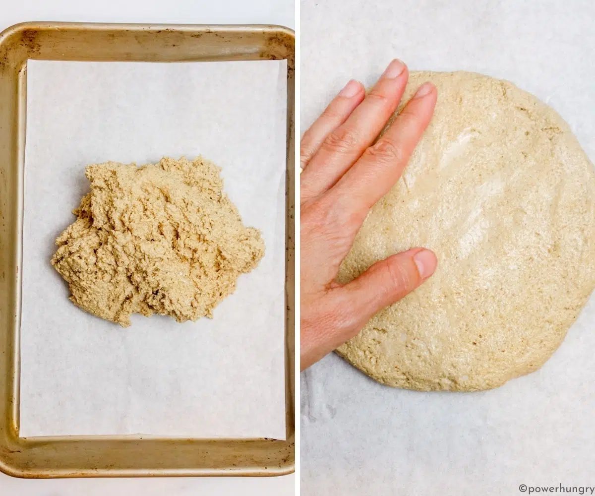 two photo collage showing how so straightforward 4 ingredient oat scones is shaped