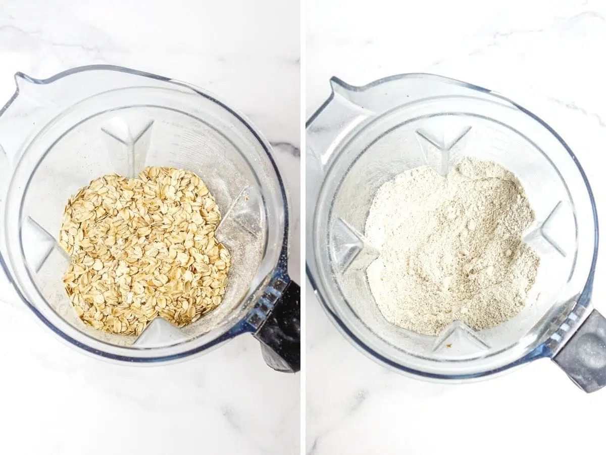 2 photo collage showing rolled oats being made into oat flour