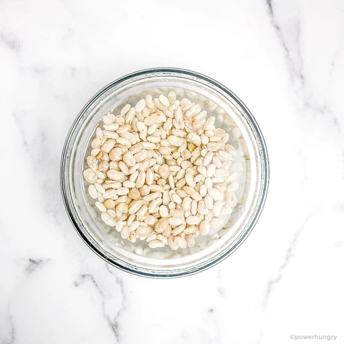 white beans soaking in a glass bowl atop a marble counter