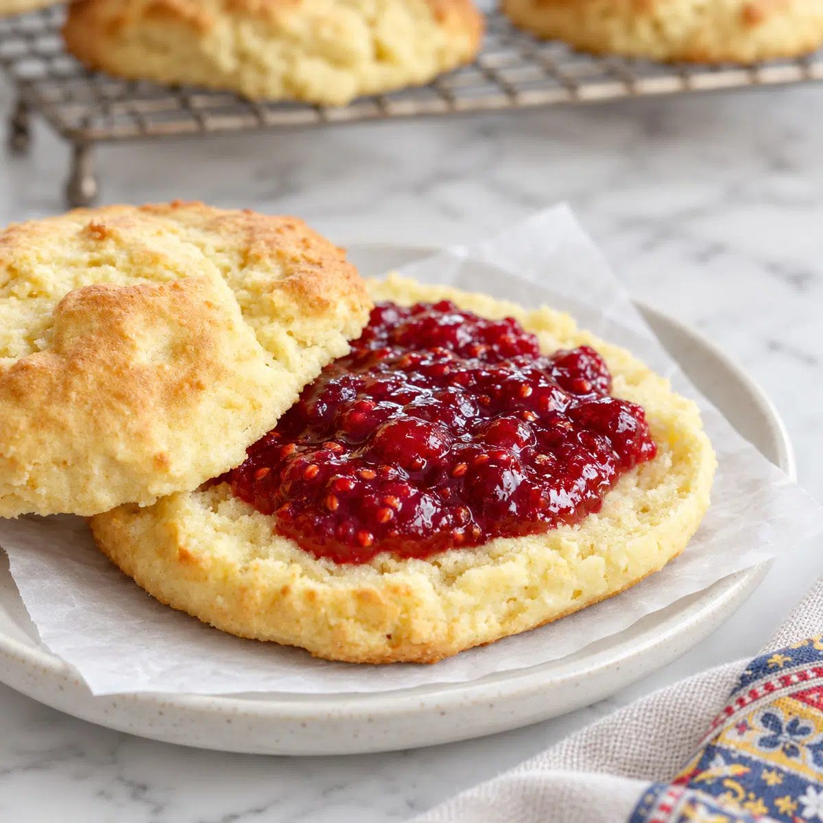 sliced vegan almond flour biscuit with raspberry jam